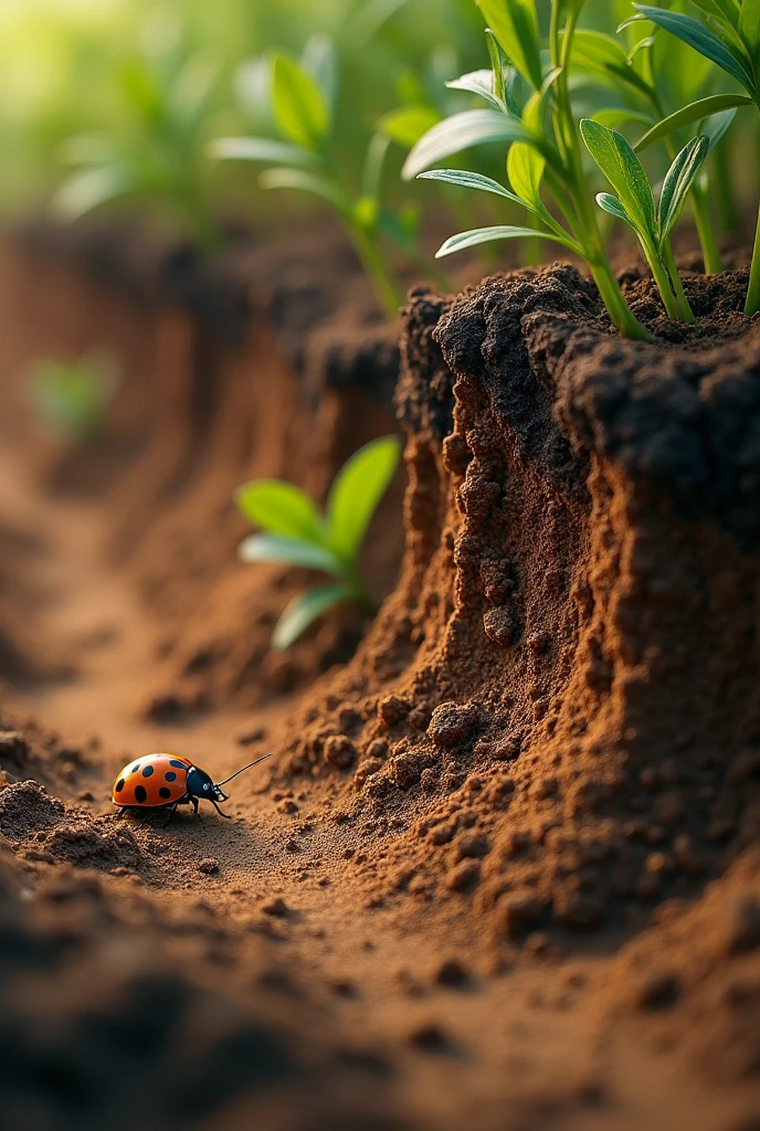 Create a wonderful image of earth where soil visible and a tiny insects seen in the image