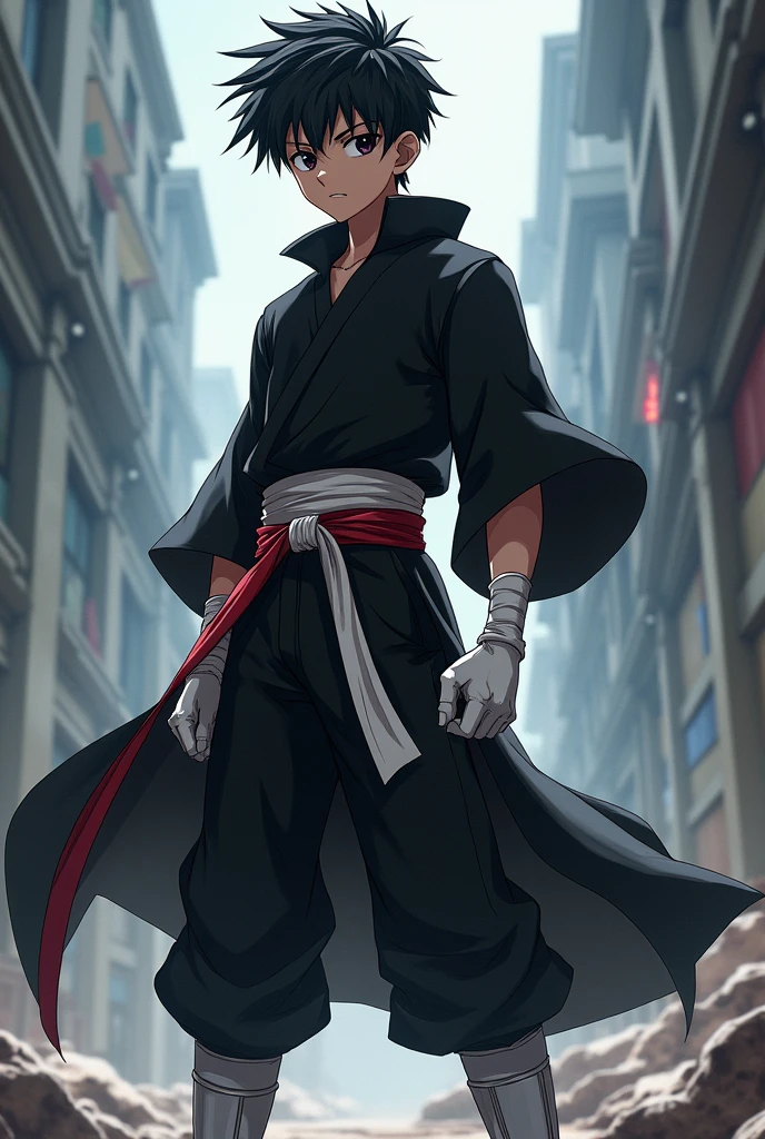 Anime boy warrior with white gloves black clothes and a white and red belt with white boots and dark eyes