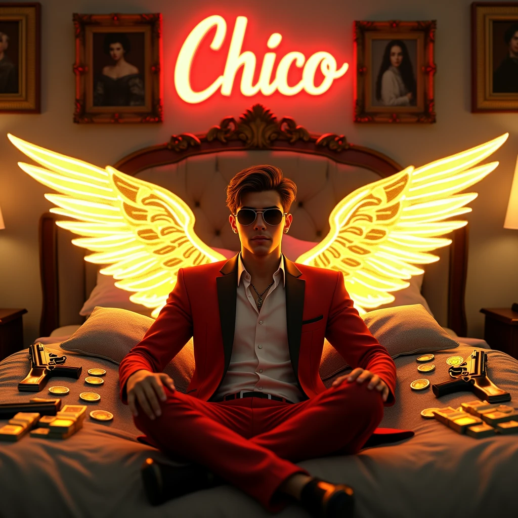 Create a realistic image where a 20 years old boy laying on a king size bed with glowing golden yellow wings, there are many cash and gold on bed with guns. At wall there are many luxury paintings and one big painting in middle. Character is Wearing a red and black luxury suit and sunglasses. In background "CHICO" is written with neon and bold glowing effects which is just above the bed and matching colour same as glowing golden wings