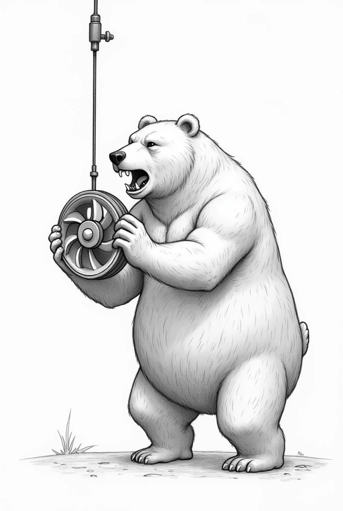 The bear twists the impeller that hangs from his penis with his paws. Pencil drawing. The screw is big