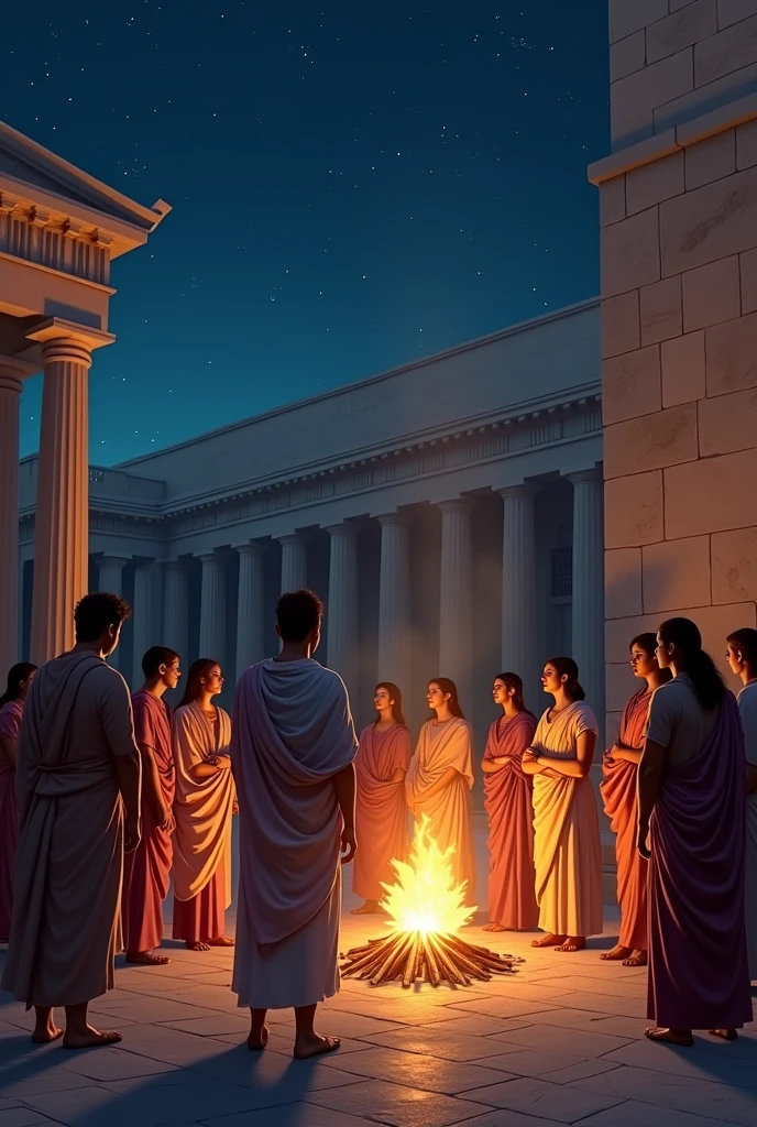 Students dressed in ancient Greek dress stand and listen to the fire in front of the University of Athens