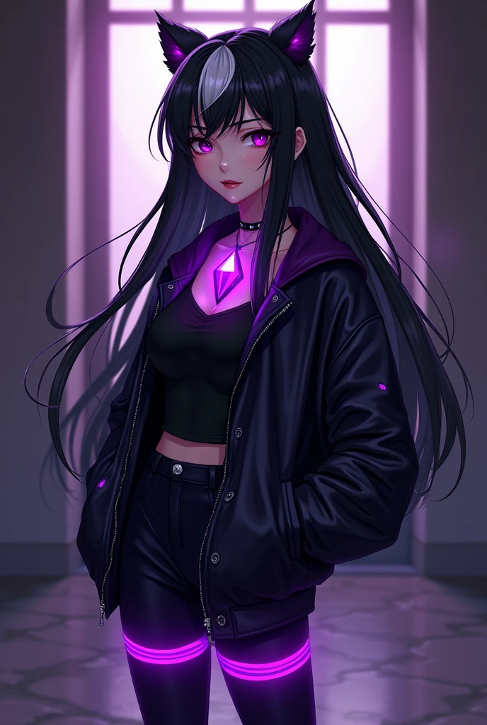 A sexy black skin, anime character wearing a necklace with a purple gem on it, black hair with a white stripe on it and wearing a long, black, cool jacket and wearing a long, dark gray pants with purple glowing stripes on and wearing boots 