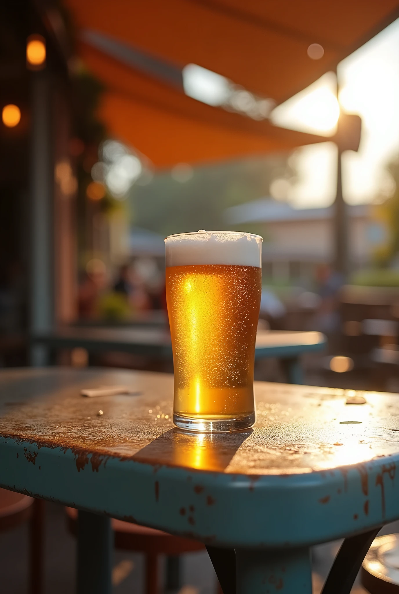 Photo of a plastic table at an outdoor bar with beer