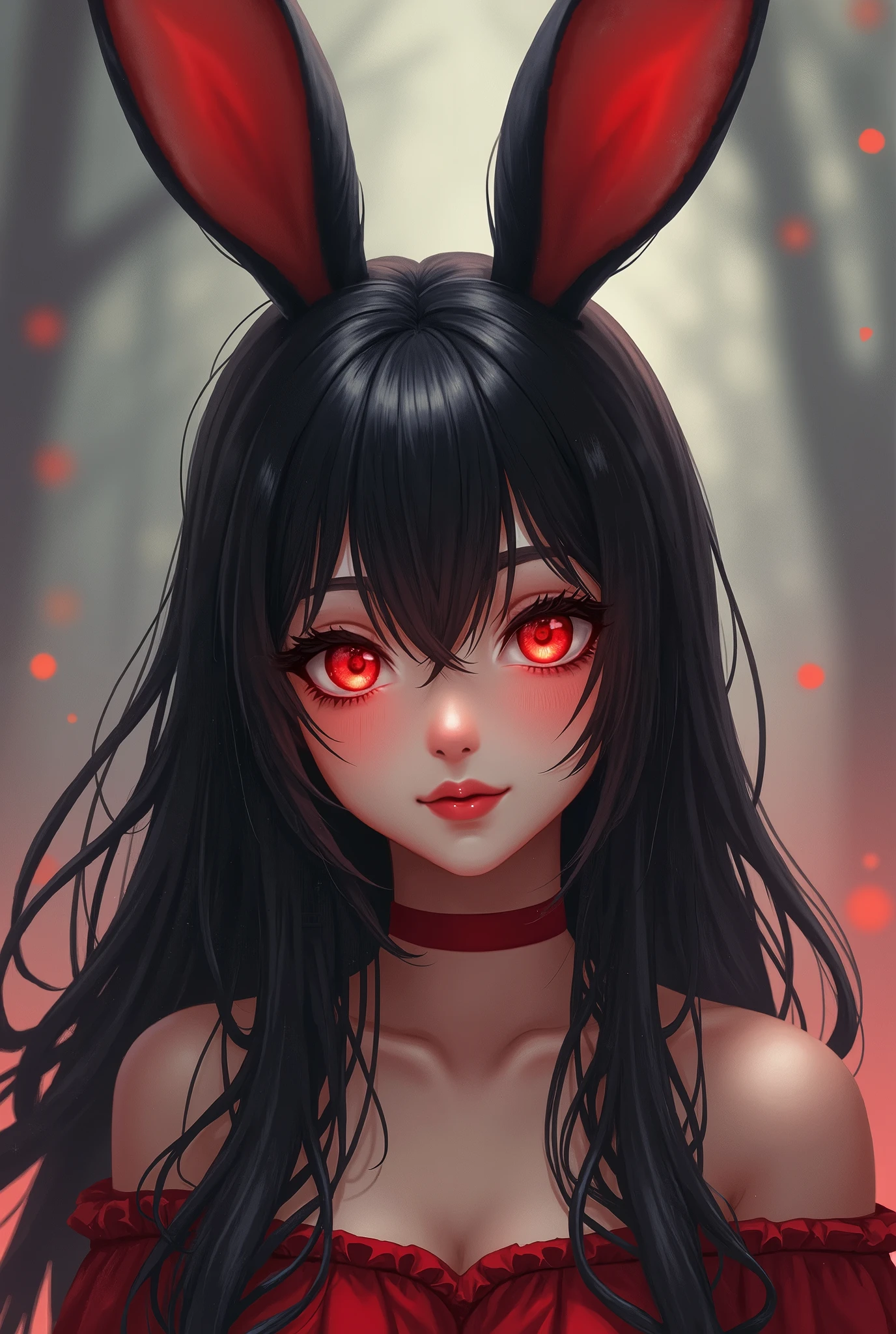 1girl, Breasts, Solo, Long Hair, Smile, Black Hair, Red Eyes, Hair Between Eyes, Rabbit Ears, From Side, Dutch Angle, Multiple Views,