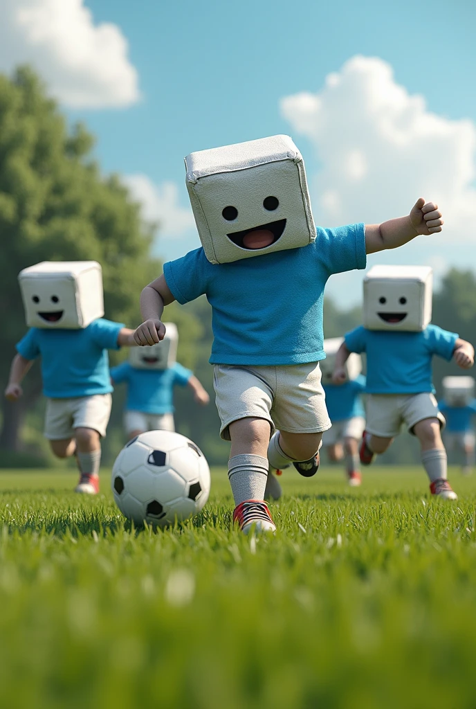 Cement bags with blue shirts playing soccer