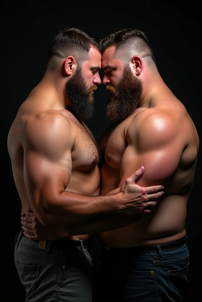 "8KUHD HDR Very Realistic Very Detailed High Quality Create a professional studio-style photograph featuring two 4 men, hdr burly, hdr hairy, hdr beared big daddy bear,  and hdr very realistic detailed rugged man and his husband in boxers. Hdr very realistic beards, very hdr realistic hair, very hdr realistic beards, hdr very realistic thick chubby fat neck, hdr very realistic neck, hdr very realistic neck details, hdr very realistic neck lines, hdr very realistic belly, hdr very realistic chest, hdr very realistic strong chest and arms, hdr very realistic hairy chest and arms, hdr very realistic pecs, hdr very realistic burly body, hdr very realistic nipples, hdr very realistic burly body, hdr very realistic face, hdr very realistic eyes, hdr very realistic nose, hdr very realistic ears, hdr very realistic facial features, hdr very realistic arms, hdr very realistic hands, hdr very realistic wrists, hdr very realistic fingers, hdr very realistic fingernails, hdr very realistic shoulders, hdr very realistic mouth, hdr very realistic skin textures, hdr very realistic textures, hdr very realistic extricate detailing, hdr very realistic lips, hdr very realistic detailed skin, hdr very realistic skin, hdr very realistic heads, hdr very realistic ears, hdr very realistic nose, hdr very realistic facial features, hdr very realistic mens clothing, hdr very realistic detailed mens clothing. HDR A very realistic man and his husband are kissing each other, HDR very realistically kissing each other, in a HDR very realistic romantic and HDR virile scene. HDR Very Realistic Intricately Detailed, HDR Utilize all appropriate lighting techniques for studio photography. HDR The background should be black." No Deformities, HDR "everything is 8K HDR"