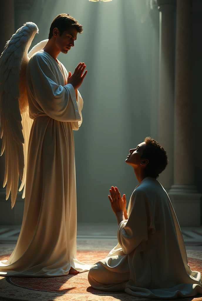 (photorealism:1.2), (4k) an angel man watching a person praying