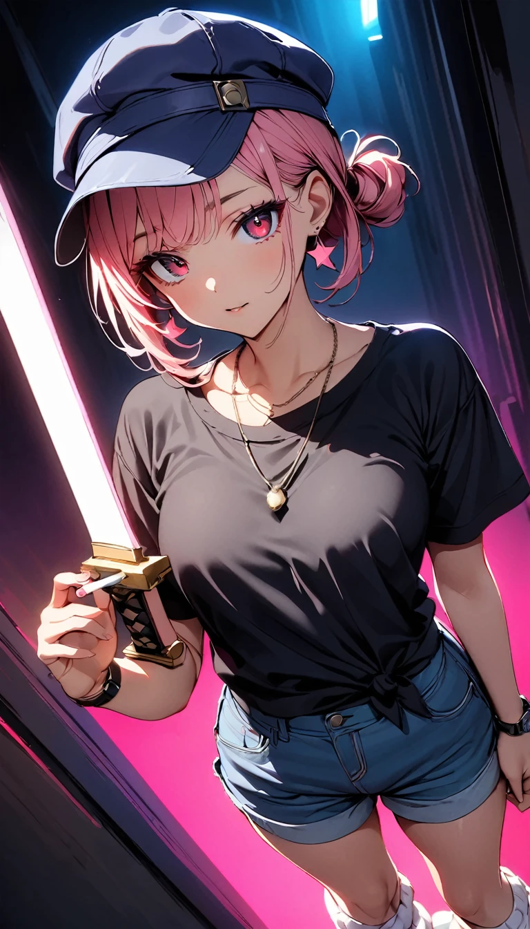(high quality, 8k, 4K, High Contrast, masterpiece:1.2, 最high quality, Best aesthetics),high angle shot, Newsboy cap,((1 female)),((Holding a Western sword:1.5)), ((Background in a dark room:1.3)), ((Holding a lit cigarette:1.4)) ((Flat Color)),High Contrast, Contrasting colors, , Pale pink and blue lighting,Pink Hair, Red eyes, Oversized blackＴshirt,Denim shorts,(White loose socks),Purple sneakers, Looking at the audience, (Cool look), Sleepy eyes, ((Short Hair)) , (Tied Hair), Small star-shaped earrings in both ears, bright eyeshadow, Mature face,watch on right wrist,necklace,small tits