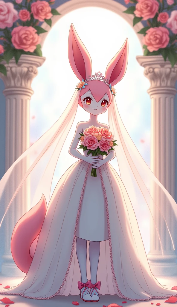 Anime art style, exquisite masterpiece, charming anthropomorphic Sylveon from Pokémon, gracefully standing at an elegantly decorated wedding altar, adorned in a stunning magnificent wedding dress flowing in delicate shades of white, pink, and light blue, complete with white long gloves that accentuate her feline grace, chic white bridal heels embellished with pink and light blue bows that glisten in the soft light, accompanying white stockings that add to her bridal charm, a beautifully crafted tiara holding a shimmering wedding veil cascading softly around her, gently holding a vibrant bouquet of elegantly arranged roses in her delicate paws, the background a splendid wedding altar adorned with floral accents and gentle lighting that creates a magical atmosphere, the composition thoughtfully capturing Sylveon's gentle expression filled with joy and love, the viewer immersed in the romantic ambiance surrounding this beautiful scene, invoking feelings of love and fantasy, all captured through stunning anime aesthetics emphasizing character detail and vibrant pastel colors, creating a heartwarming expression of celebration and whimsical beauty.