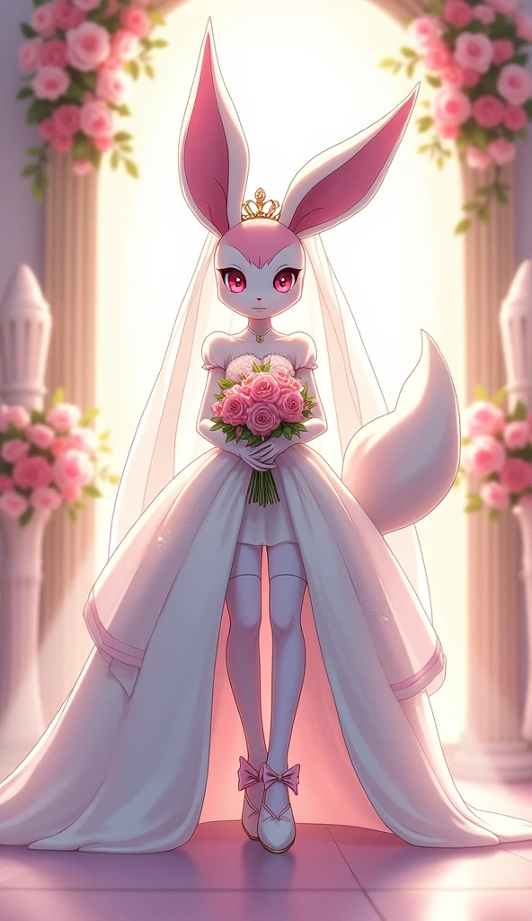 Anime art style, exquisite masterpiece, charming anthropomorphic Sylveon from Pokémon, gracefully standing at an elegantly decorated wedding altar, adorned in a stunning magnificent wedding dress flowing in delicate shades of white, pink, and light blue, complete with white long gloves that accentuate her feline grace, chic white bridal heels embellished with pink and light blue bows that glisten in the soft light, accompanying white stockings that add to her bridal charm, a beautifully crafted tiara holding a shimmering wedding veil cascading softly around her, gently holding a vibrant bouquet of elegantly arranged roses in her delicate paws, the background a splendid wedding altar adorned with floral accents and gentle lighting that creates a magical atmosphere, the composition thoughtfully capturing Sylveon's gentle expression filled with joy and love, the viewer immersed in the romantic ambiance surrounding this beautiful scene, invoking feelings of love and fantasy, all captured through stunning anime aesthetics emphasizing character detail and vibrant pastel colors, creating a heartwarming expression of celebration and whimsical beauty.