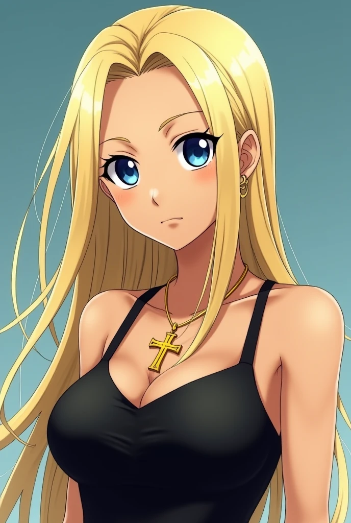 Manga character Fairy tail girl long straight blonde hair blue eyes with eyeliner quite tanned gold Christian cross around the neck thin gold hoop earrings black tank top with thin straps