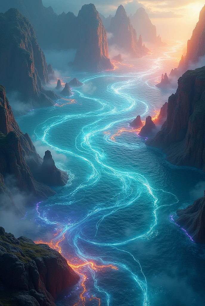 hyper realistic, fantasy, magic, a sea of ​​liquid and gaseous mana, energy emanates, view from above, no landscape, no characters, blank