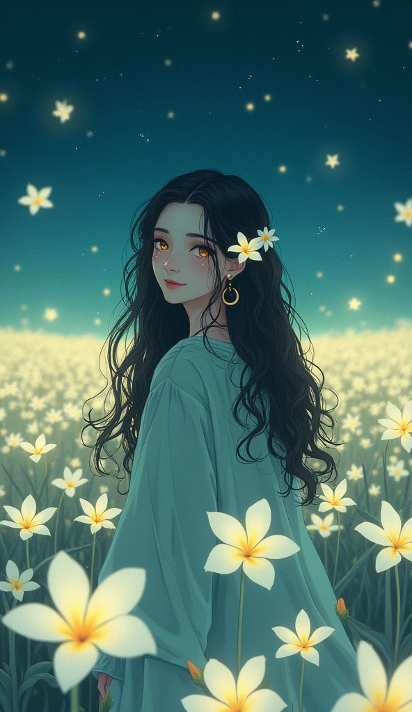  1girl, Solo, High Resolution, Masterpiece, Accurate, Best Quality, Award Winning, Long Hair, Black Hair, Curly Hair, Crescent Earrings, Light Smile, Tearing Up, POV, Multiple Views, Hair Flower, Sparkle, Bloom, Blending, standing in the middle of the white plumeria flied, night, fireflies,Feet Out Of Frame, anime, donghua, myth, can see the night view and a big plumeria field, girl looking small from far away, From Above, Fisheye, Tears, Crying, blue green dress