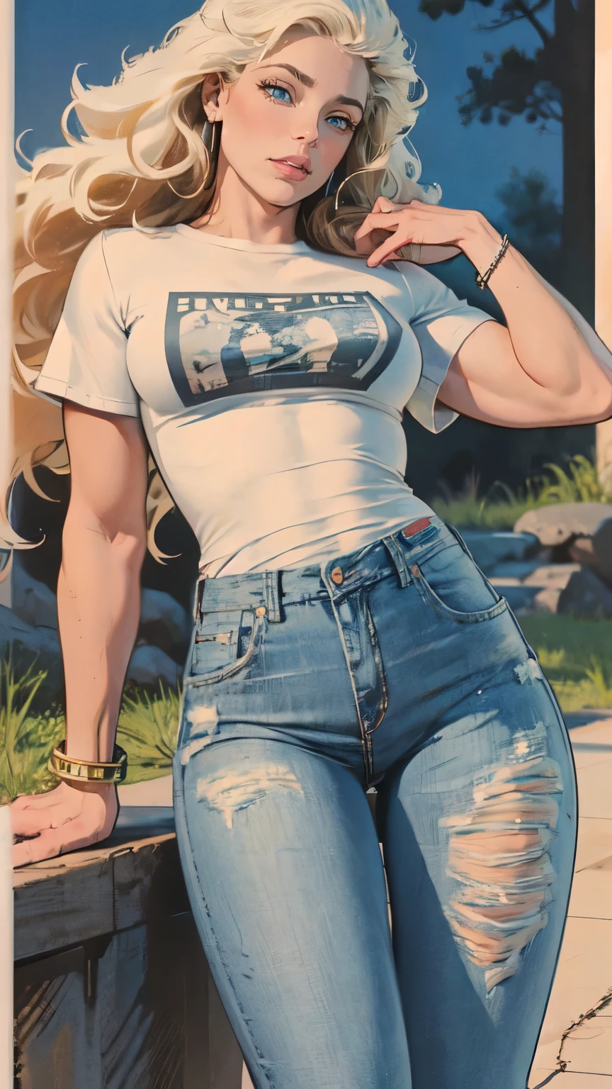 Metal family, guy, , blond, with unruly long curly hair, with blue eyes, athletic build, white shirt unbuttoned and pulled out of jeans, black T-shirt and jeans, wrist bracelets, thoughtful, nature.