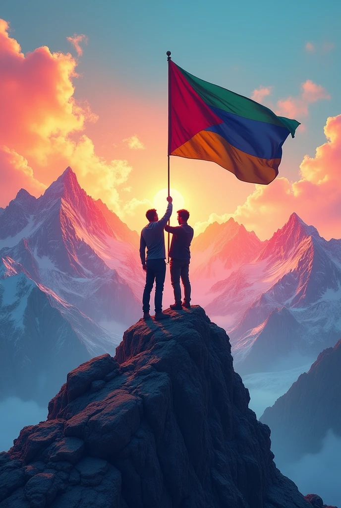 Mountain top have a  no word Flag on with man and man and Flag as a black and mountain in background are colourfull motivation photo 