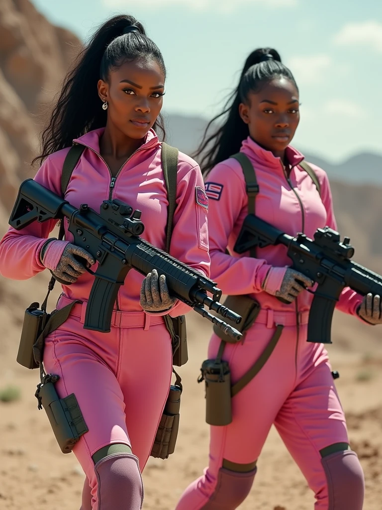 hourglass physiques, two Women soldiers like Megan thee Stallion and Serena Williams with military clothing with machine guns and rocket launchers, dynamic pose, dark skin, Realistic photo style, labeled as female Konami Contra. pink attire, capturing her in a slightly high angle that emphasizes her larger-than-life presence, shot with a Canon 5D Mark IV 50mm f/1.8