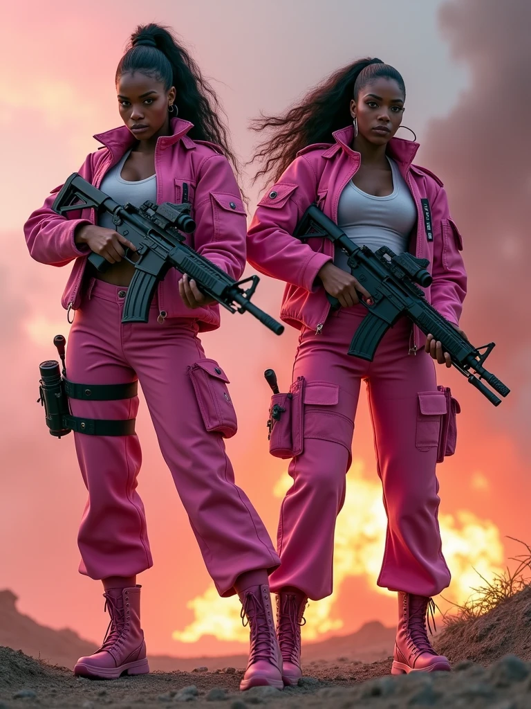 two Women soldiers like Megan thee Stallion and Serena Williams with military clothing with machine guns and accessories, hourglass physiques, HUGE GLUTES: dynamic pose, dark skin, PROTRUDING WIDE ASS: Realistic photo style, labeled as female Konami Contra. pink attire, capturing her in a slightly high angle that emphasizes her larger-than-life presence, shot with a Canon 5D Mark IV 50mm f/1.8