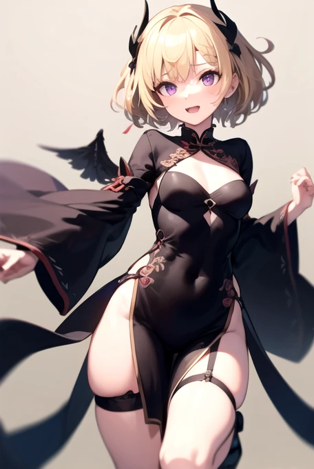 Girl, blonde hair not very small breasts, black chinese dress, garter tied to his leg, flying in air, detailed purple eyes, short hair, long braided hair, thigh gap, happy red cheeks 