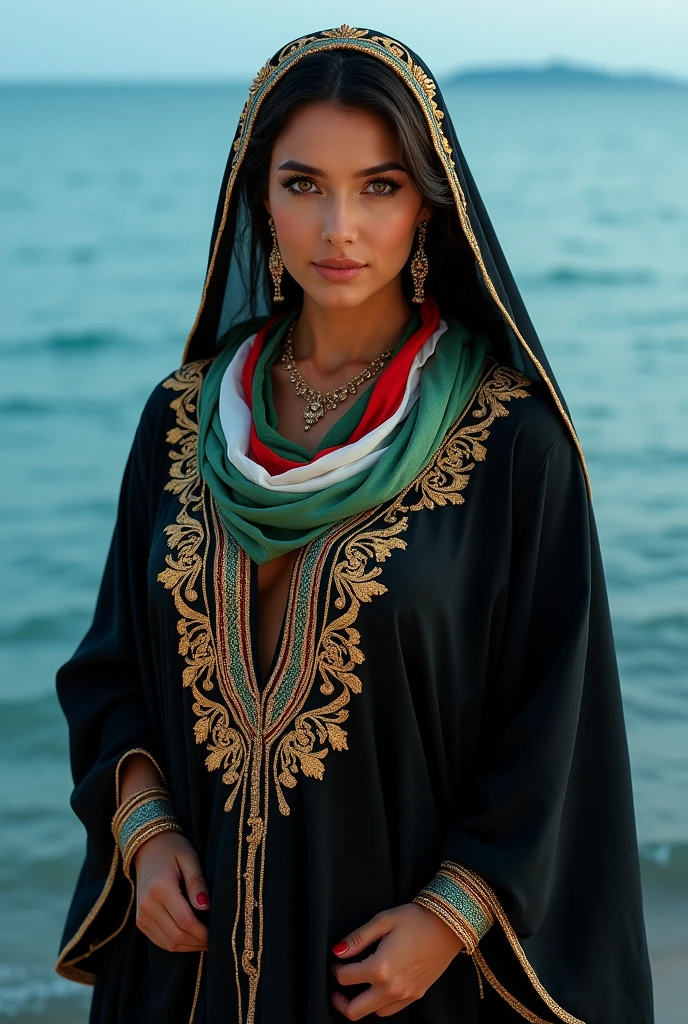 , high resolution, masterpiece: 2.6), fat woman in black caftan decorated with gold threads, and over her chest a green, white and red Algerian flag scarf, beautiful big eyes, blue sea background, realistic image, half portrait