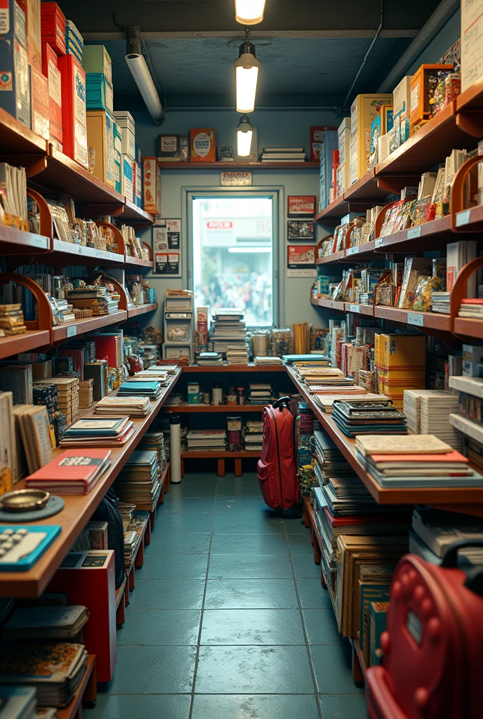 (photorealism:1.2), PHOTOGRAPH OF A SMALL STORE, BUT FULL OF BACKPACKS, COLORED PENCILS, notebooks, calculators, Rules, BOND PAPER ROLLS, BOND PAPER BOXES, PENCILS AND FOLDERS