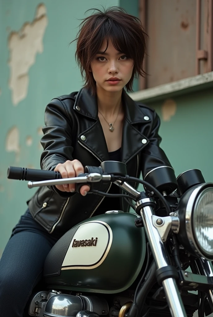 photo de profil pour discord, d'une fille au cheveux a la garçonne brunne sur une kawazaki z500
