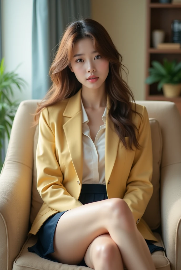 Best quality at best, realistically, ultra - detailed, Detailed pubic hair, A high resolution, 8K wallpaper, 1 Beautiful korean young woman, 20 years old, pink moist lips, light brown messy long hair, Wear a light yellow office suit with ((dark blue short skirt)), white shirt inside the suit, Perfect dynamic composition, beautiful eyes, Delicate hair, Detailed realistically skin texture, Smiling, closeup portrait, sexy body, background the Hotel reseption, blurred background, (full body shot:1.3), Shooting from a long distance from below, (Random body direction), sitting legs crossed, 1 leg on other leg, front view, on white office, on comfortable beige sofa, showing off her sexy legs, (from below), sexy body language