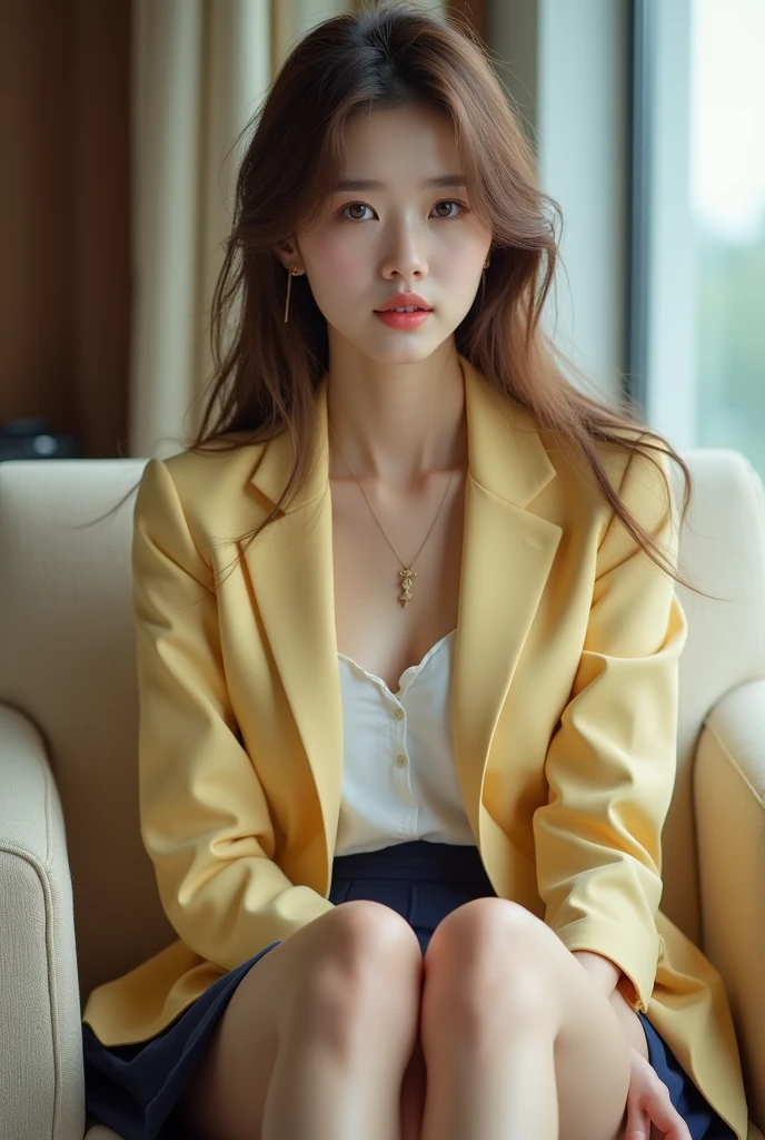 Best quality at best, realistically, ultra - detailed, Detailed pubic hair, A high resolution, 8K wallpaper, 1 Beautiful korean young woman, 20 years old, pink moist lips, light brown messy long hair, Wear a light yellow office suit with ((dark blue short skirt)), white shirt inside the suit, Perfect dynamic composition, beautiful eyes, Delicate hair, Detailed realistically skin texture, Smiling, closeup portrait, sexy body, background the Hotel reseption, blurred background, (full body shot:1.3), Shooting from a long distance from below, (Random body direction), sitting legs crossed, 1 leg on other leg, front view, on white office, on comfortable beige sofa, showing off her sexy legs, (from below), sexy body language
