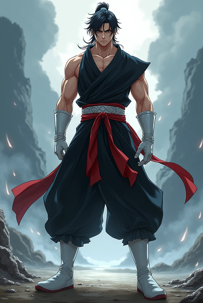 Anime boy warrior with white gloves black clothes and a white and red belt with white boots and dark eyes muscular