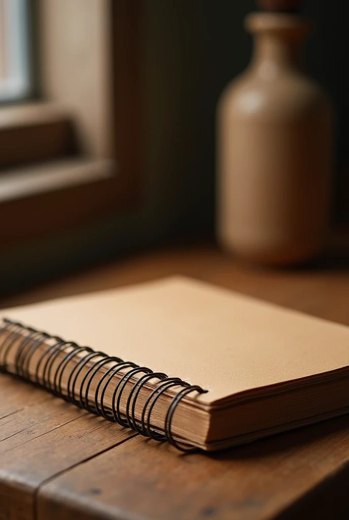 High quality brown notebook paper, vertical view, on the table, zoom