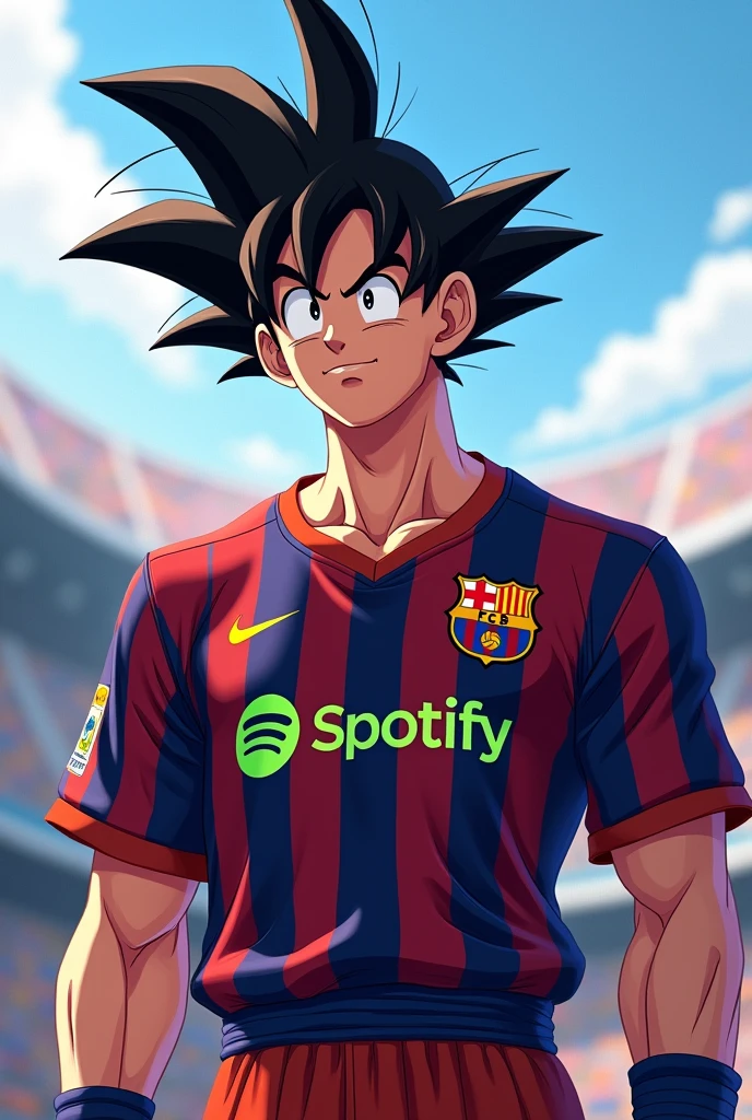 Goku wearing a Barcelona shirt from the season with Spotify logos on the chest 