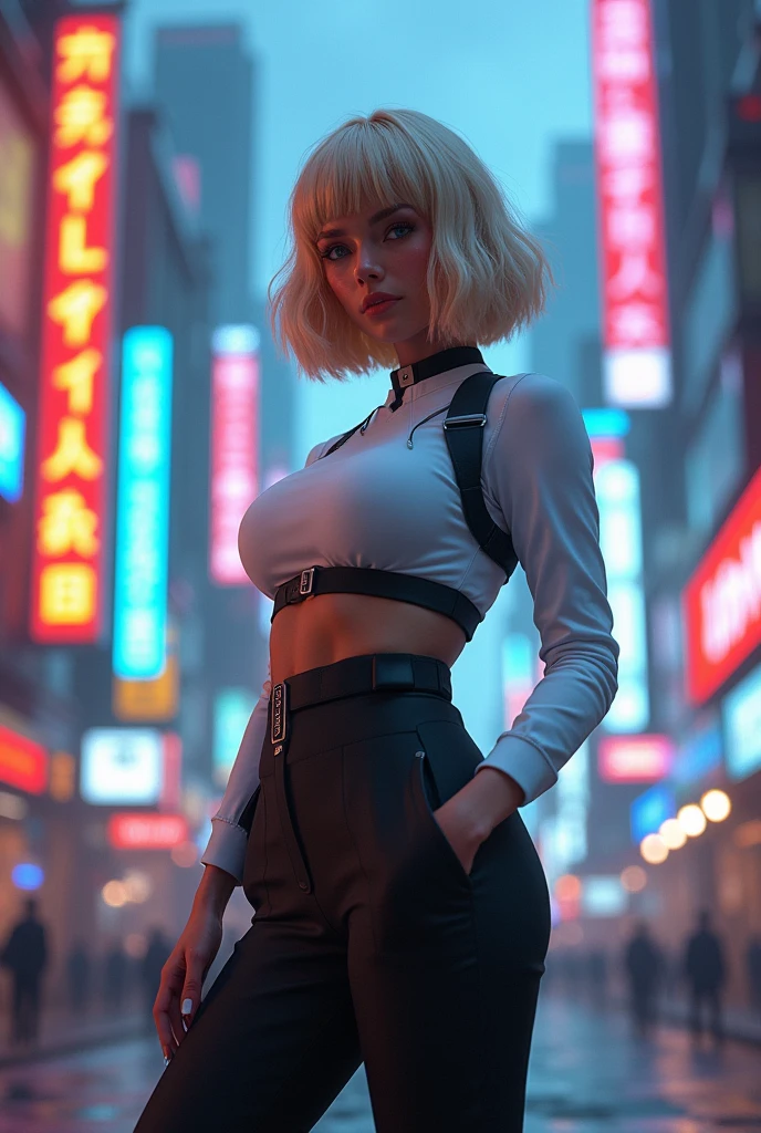 photorealistic, high resolution, soft light,1 girl, blonde bob hair, bang hair, plumpy body, narutal big breast, white and black suit, stand pose, detailed face, cyberpunk style,, cyberpunk, glowing, on the street, with cyber city.