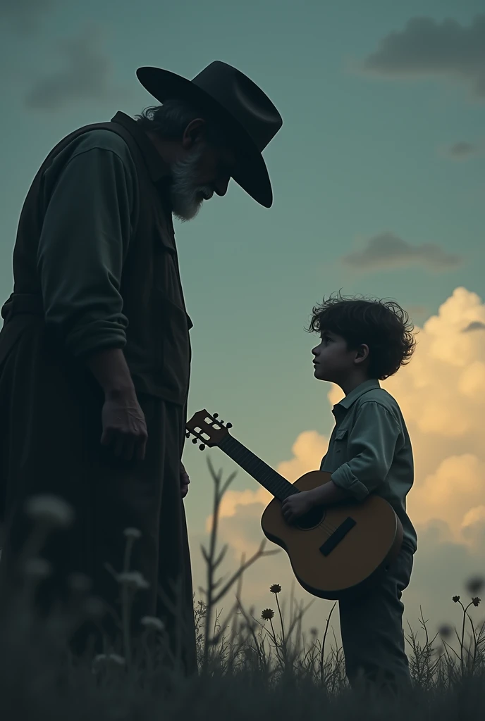 silhouette, 70 year old dad with cattleman hat, on a cloud in the sky, looking down at his son, curly hair, with a little wooden guitar in his hand, dark fantasy