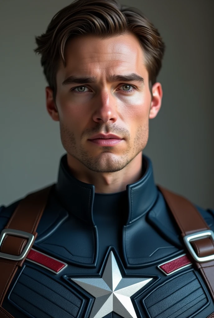 (RAW photos:1.2), (realistic:1.4), Character Steve Rogers in Captain America costume, Without a mask, Highly detailed eyes and face, beautiful and delicate eyes, whole body, 4K resolution, High-quality models, high detail, high quality, shine a light on the face, movie lights