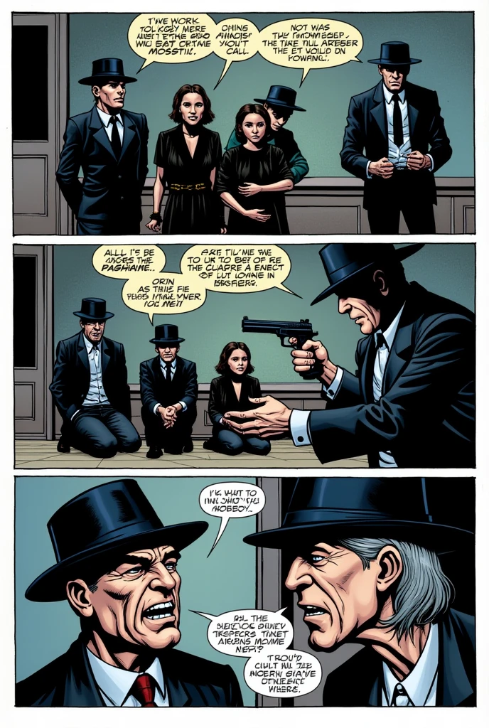 create 3 2d dc comic style comics from the 80s. In the first cartoon, show 5 hostages of the robbers, all of them wearing black hats, black clothes and black masks., within the central bank, everyone showing fear, an old man, two women, 1 man and a child, all the hostages kneeling with their hands tied. In the second one I want one of the robbers pointing a gun at the same old man's head., the old man with fear. In the third one the robber shouts something very loud to the old man.