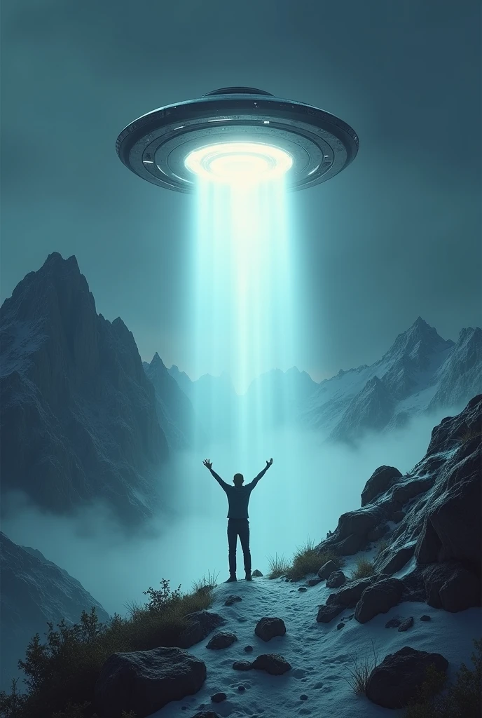 UFO abducting person on a mountain in 2560 x 1440 format