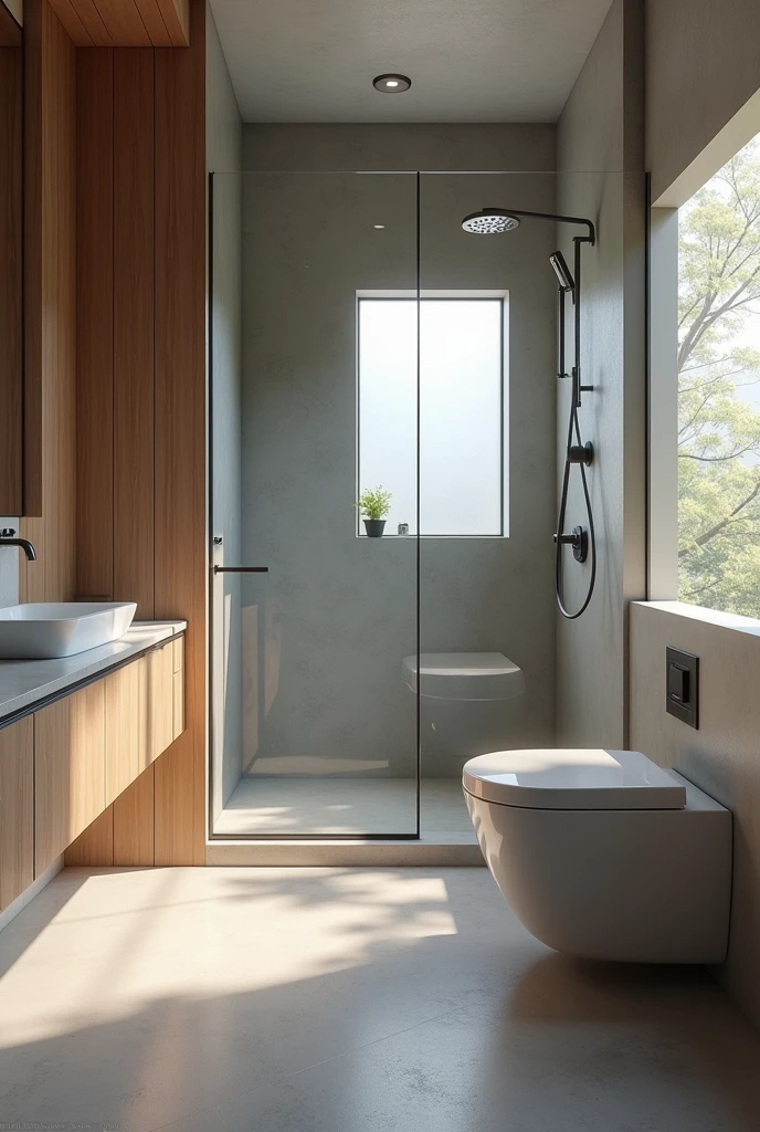 bathroom modern, ultra-realistic , 8k, ultra realistic render , 4K , photo realist  , metal therefore , matte gray floor , stone countertop , small window with frosted glass , moderno , luxurious , a wall-hung toilet , wood panel , wide perspective , glass shower enclosure to the ceiling 