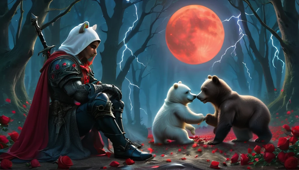 Male knight with a white hood with polar bear ears and a sword behind his back sits cross-legged on the ground towards a baby polar bear and a baby brown bear in a forest while the moon shines, many Roses cover the ground and lightning falls from the sky. The baby polar bear plays with the baby brown bear while the knight enjoys watching them. Only the man wears a red blindfold. In the background of the picture is the blood moon and a tree has fallen down in the path. The forest is full of trees with leaves. The armor of the man is black and red roses decorate it. The sky is full of stars. The knight is thoughtfully touching his face.