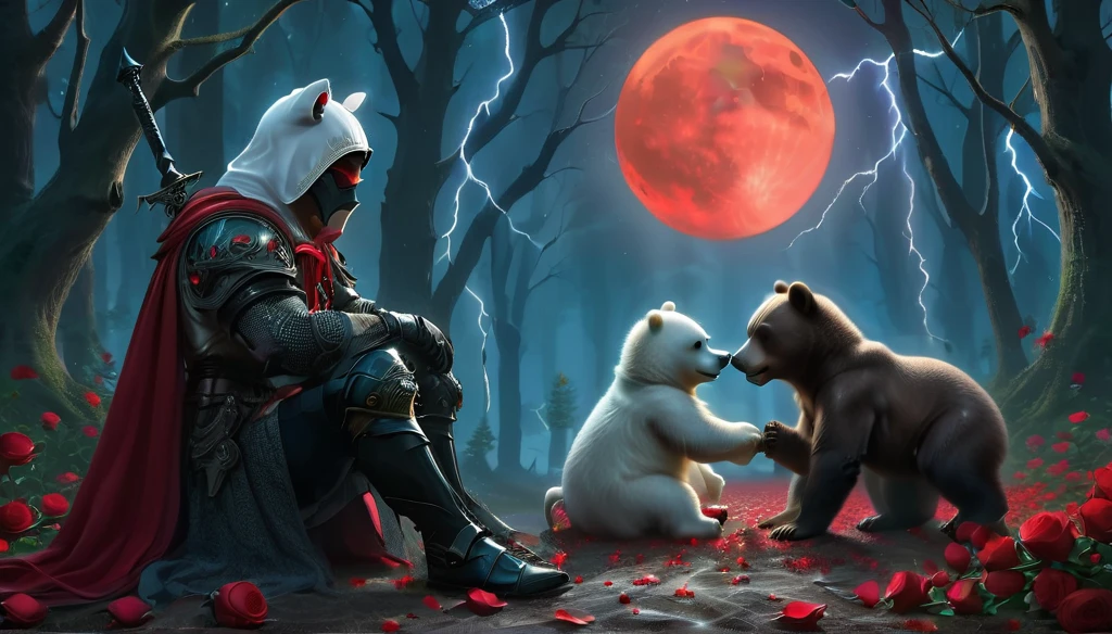 Male knight with a white hood with polar bear ears and a sword behind his back sits cross-legged on the ground towards a baby polar bear and a baby brown bear in a forest while the moon shines, many Roses cover the ground and lightning falls from the sky. The baby polar bear plays with the baby brown bear while the knight enjoys watching them. Only the man wears a red blindfold. In the background of the picture is the blood moon and a tree has fallen down in the path. The forest is full of trees with leaves. The armor of the man is black and red roses decorate it. The sky is full of stars. The knight is thoughtfully touching his face.