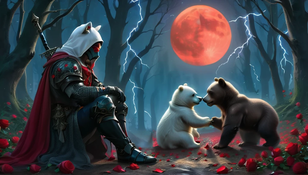 Male knight with a white hood with polar bear ears and a sword behind his back sits cross-legged on the ground towards a baby polar bear and a baby brown bear in a forest while the moon shines, many Roses cover the ground and lightning falls from the sky. The baby polar bear plays with the baby brown bear while the knight enjoys watching them. Only the man wears a red blindfold. In the background of the picture is the blood moon and a tree has fallen down in the path. The forest is full of trees with leaves. The armor of the man is black and red roses decorate it. The sky is full of stars. The knight is thoughtfully touching his face.