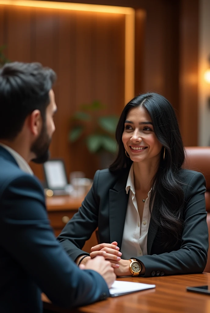 The male protagonist talks with a woman with black long hair professional clothes, the woman smiles and the picture is pleasant, in five luxurious offices