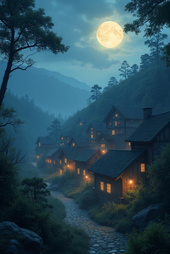 The village emits dim orange lights from the windows and romantic moonlight Fantasy style