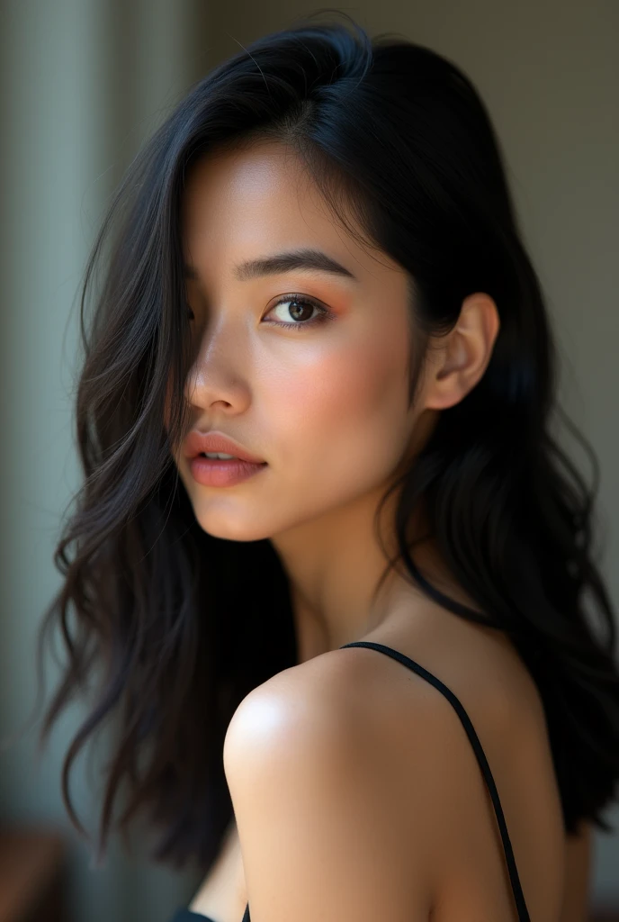 beautiful woman with a sexy side, straight black hair, profile photo for instagram
