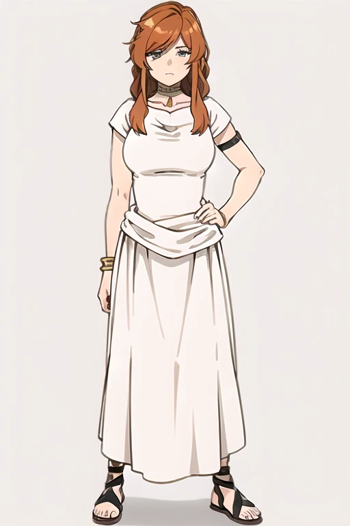 ((Bestquality))),((Ultra-detailed)),((illustration)),((Disheveledhair)),((frilld)),(1girl),(Solo),1girl, bangle, bangs, bracelet, breasts, choker, collarbone, dress, full body, gradient, hand on hip, hands on hips, jewelry, long hair, necklace, parted lips, sandals, short sleeves, solo, standing, white dress, aqua eyes, brown hair