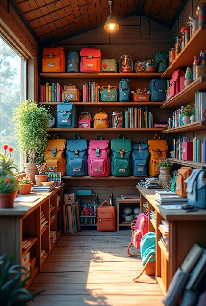 (photorealism:1.2), PHOTOGRAPH OF A SMALL STORE, BUT FULL OF BACKPACKS AND COLORED PENCILS