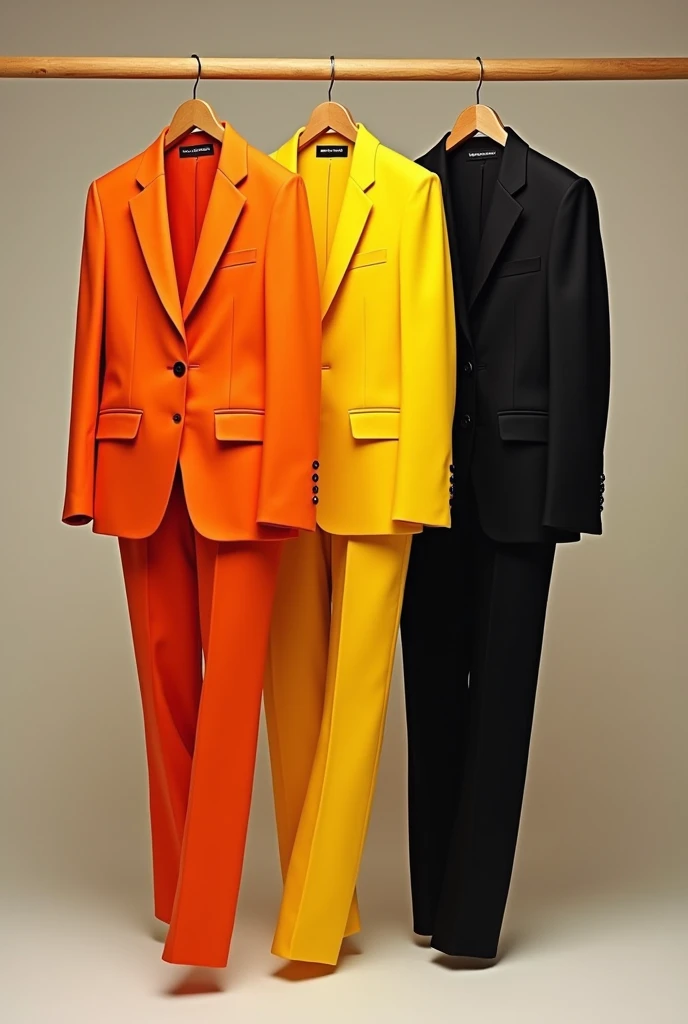 clothes hanger with orange and yellow and black suits 