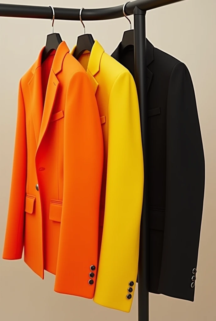 clothes hanger with orange and yellow and black suits