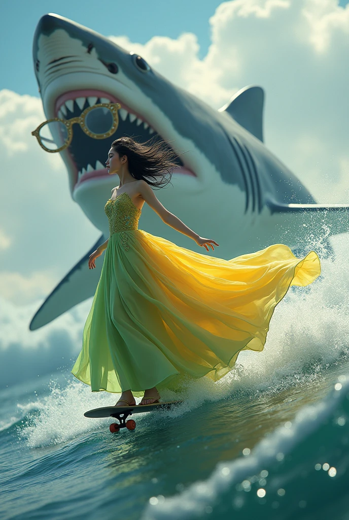 photo of a beautiful Korean woman in a long green and yellow Cinderella dress wearing flip-flops riding a skaterboard on the surface of choppy sea water, behind her is a large megalodon shark wearing glasses