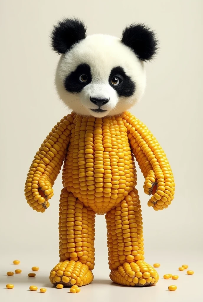please make me a collage of an animal with only the head of a panda and the rest of the body, tay, feet are corn