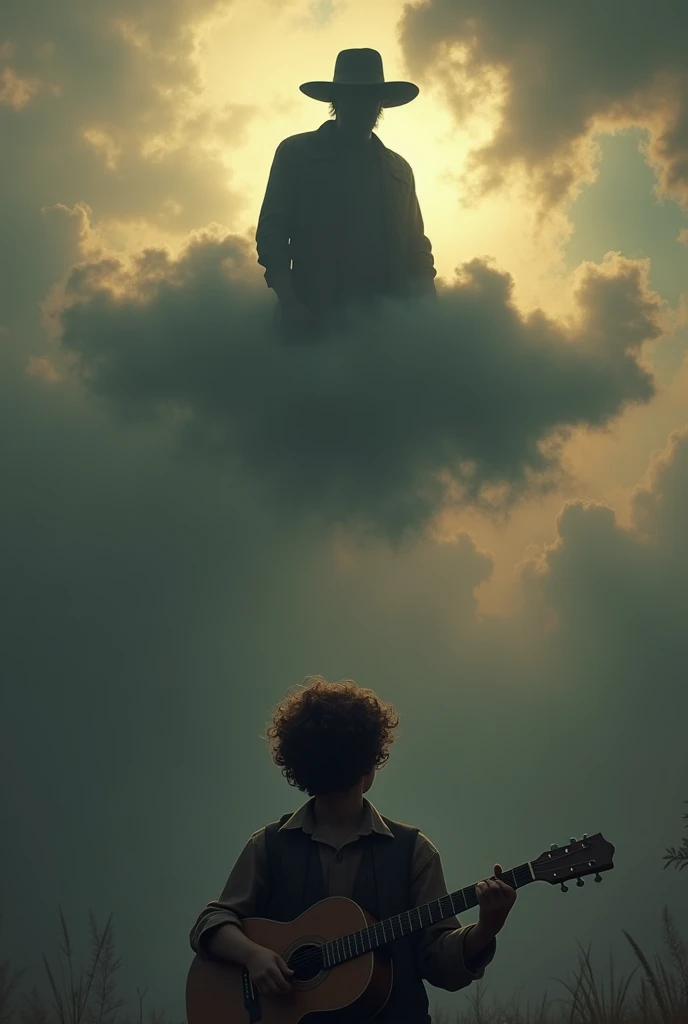 Silhouette of a 70-year-old father with a cattleman&#39;s hat, on a cloud in the sky, looking down at his  son, curly hair, with a little wooden guitar in his hand, dark fantasy