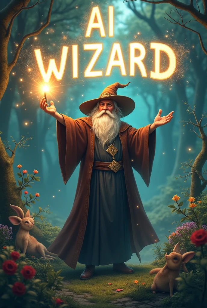 a wizard writes with a magic wand "AI Wizard" in capital letters and in French, in a fairy world